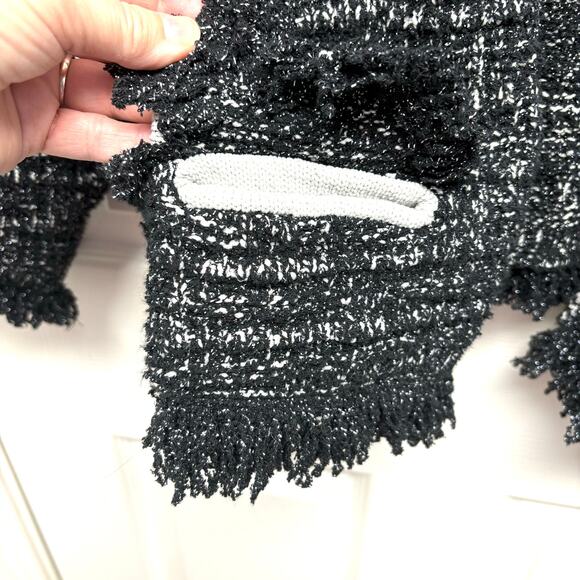 Ann Taylor Fringe Jacket, Black and White Stretch Knit Cropped Blazer, Size L - Picture 3 of 7